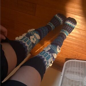 Handmade Knit Over-the-Knee Socks with Floral Design